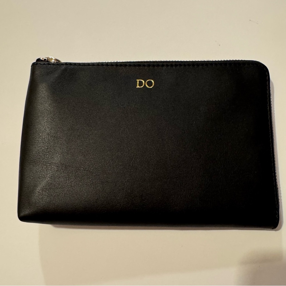 Mark & Graham Black Leather Zip Pouch with Gold Initials
